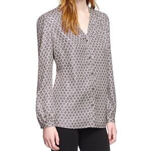 Tory Burch Cream Navy Silk Blend Button Front Long Sleeve Caralyn Blouse Size 12
